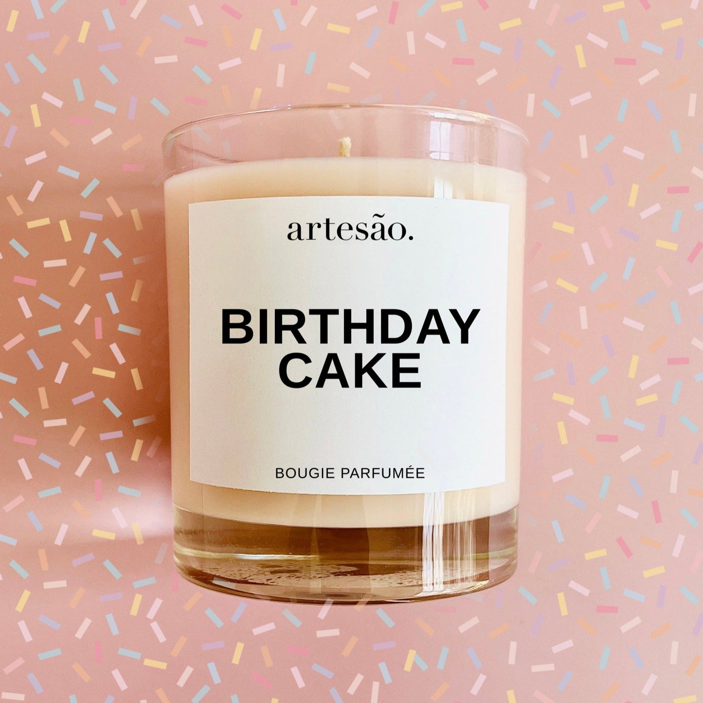 Birthday cake scented soy wax candle. Vegan eco-conscious candles handmade by Artesao