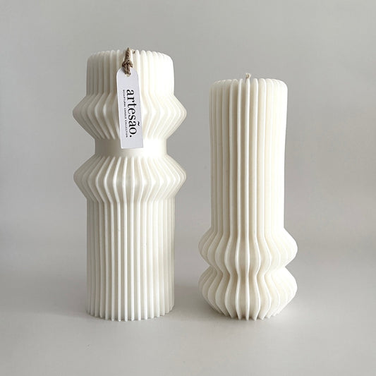 Artesao FREYJA + FRIDA Candle Set. Handmade sculptural pillar candle. Nordic ribbed linear design.